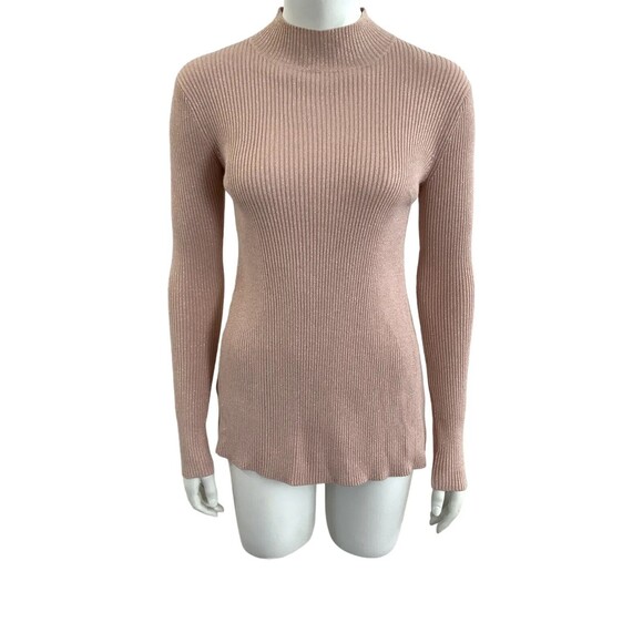 BCBGMaxAzria Charlie Ribbed Long Sleeve High Neck Blouse Top Blush XXS - Picture 2 of 15